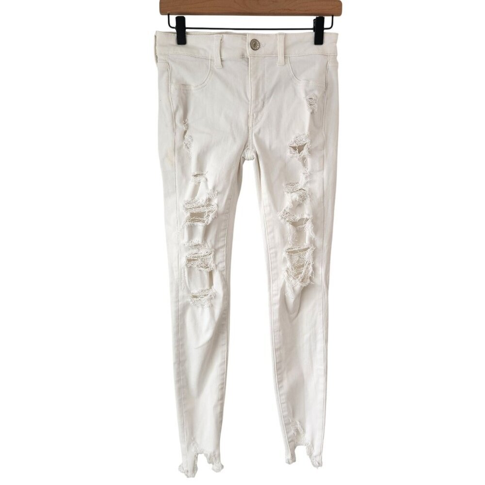 American Eagle Jeggings Distressed White Skinny Jeans Stretch Denim Women's 4